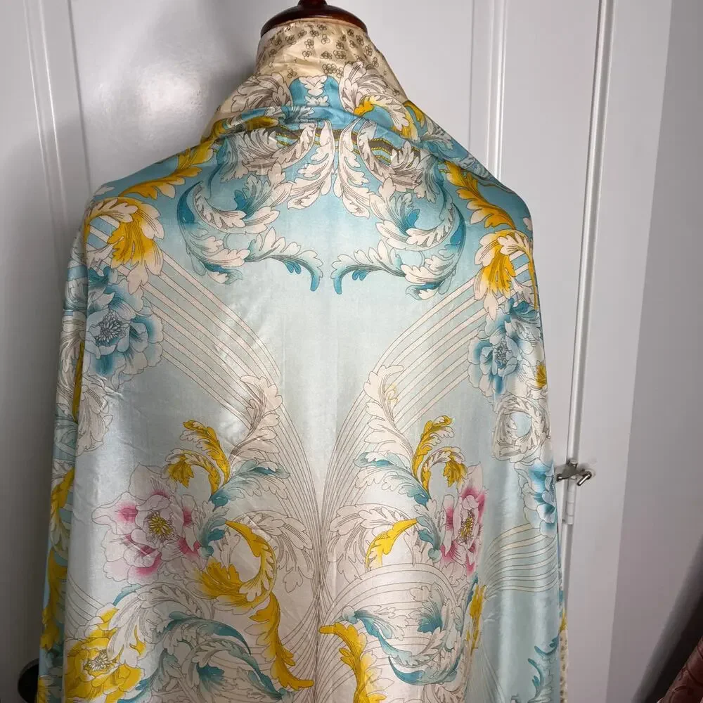 Johnny Was Silk Scarf Tassels Blue Floral Print Square Designer 42x42